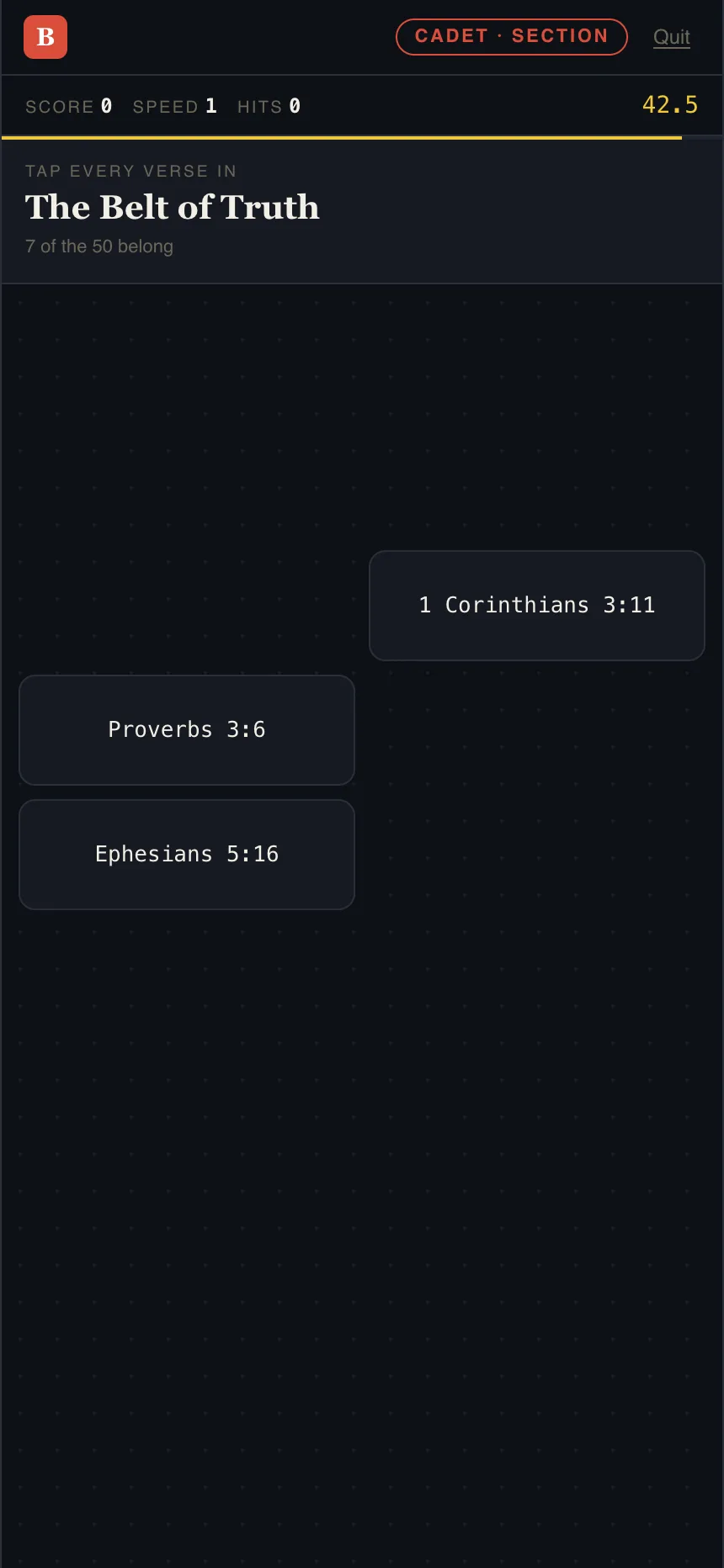 Popcorn in play: 'Tap every verse in The Belt of Truth — 7 of the 50 belong,' with reference cards (1 Corinthians 3:11, Proverbs 3:6, Ephesians 5:16) popping onto the field against the timer.